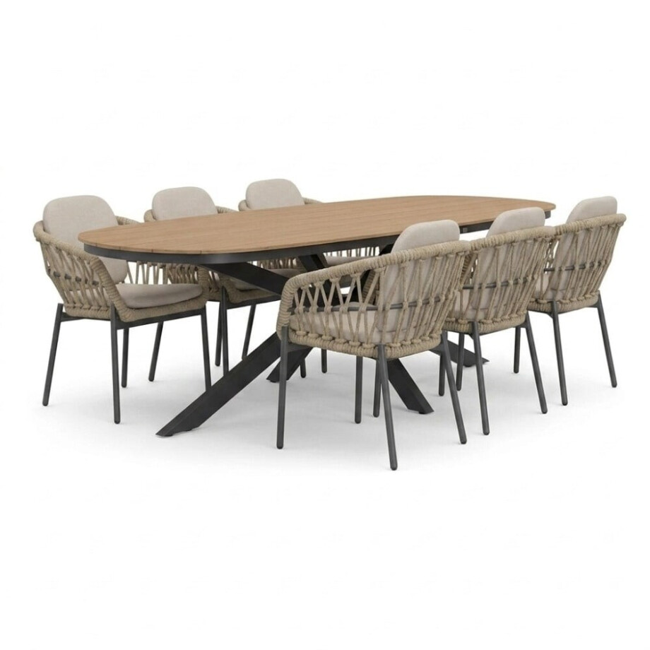 Texas/Femke beige/antraciet dining tuinset | 6 personen | polywood + touw | 260cm afbeelding 1