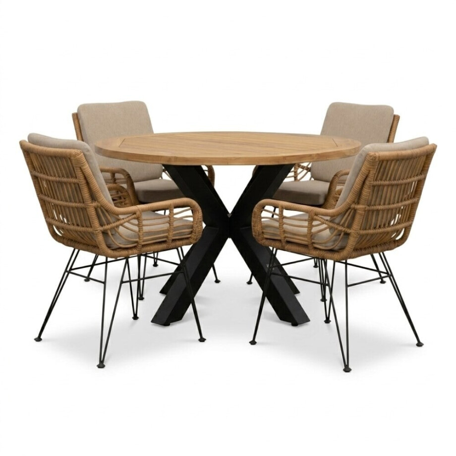 Cleve antraciet/Carlos taupe dining tuinset | 4 personen | teakhout + wicker | 120cm rond afbeelding 1