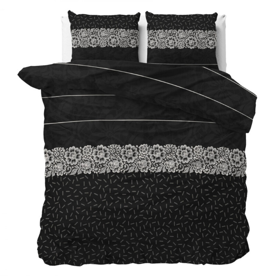 Dekbedovertrek Dervio - Lits-Jumeaux (240x220 cm) - Antraciet Polyester-katoen - Dessin: Strepen, Bloemen - Sleeptime Elegance - Dekbed-Discounter.nl afbeelding 