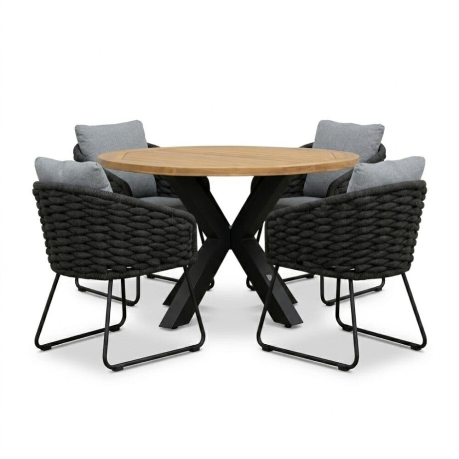 Cleve antraciet/Flora Stone Grey dining tuinset | 4 personen | teakhout + touw | 120cm rond Cleve antraciet/Flora Stone Grey dining tuinset | 4 personen | teakhout + touw | 120cm rond afbeelding 1