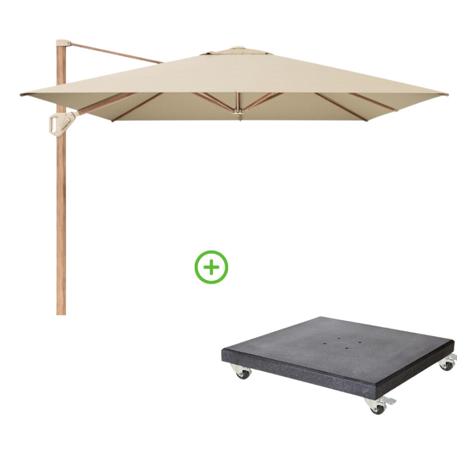 Challenger T² zweefparasol - premium doek | 400x300cm met Modena parasolvoet 120kg | Champagne/Teak look afbeelding 