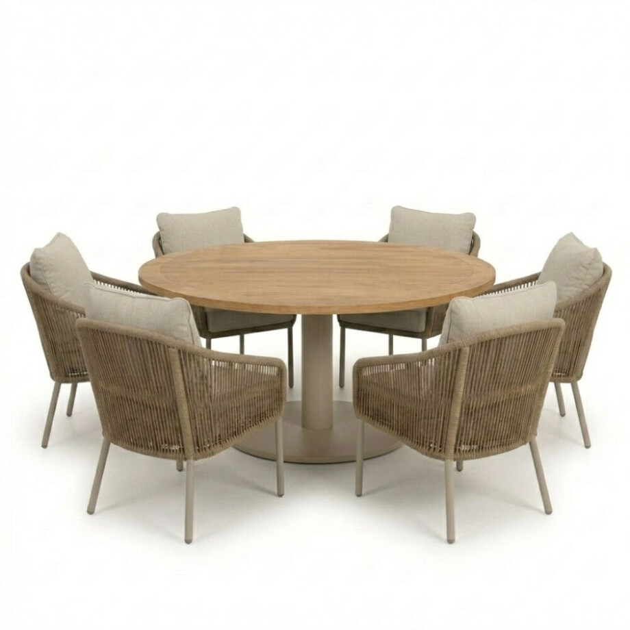 Ventura beige/Mara Sandstone low dining tuinset | 6 personen | teakhout + touw | 160cm rond afbeelding 