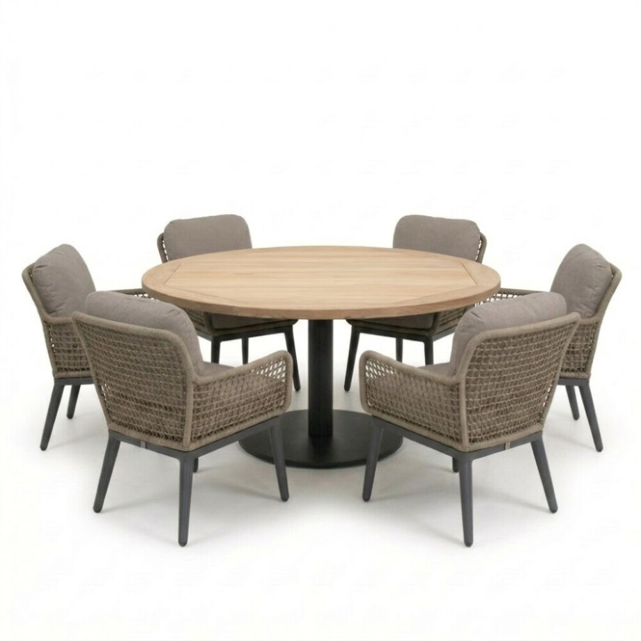 Ventura antraciet/Mila beige/antraciet low dining tuinset | 6 personen | teakhout + touw | 150cm afbeelding 
