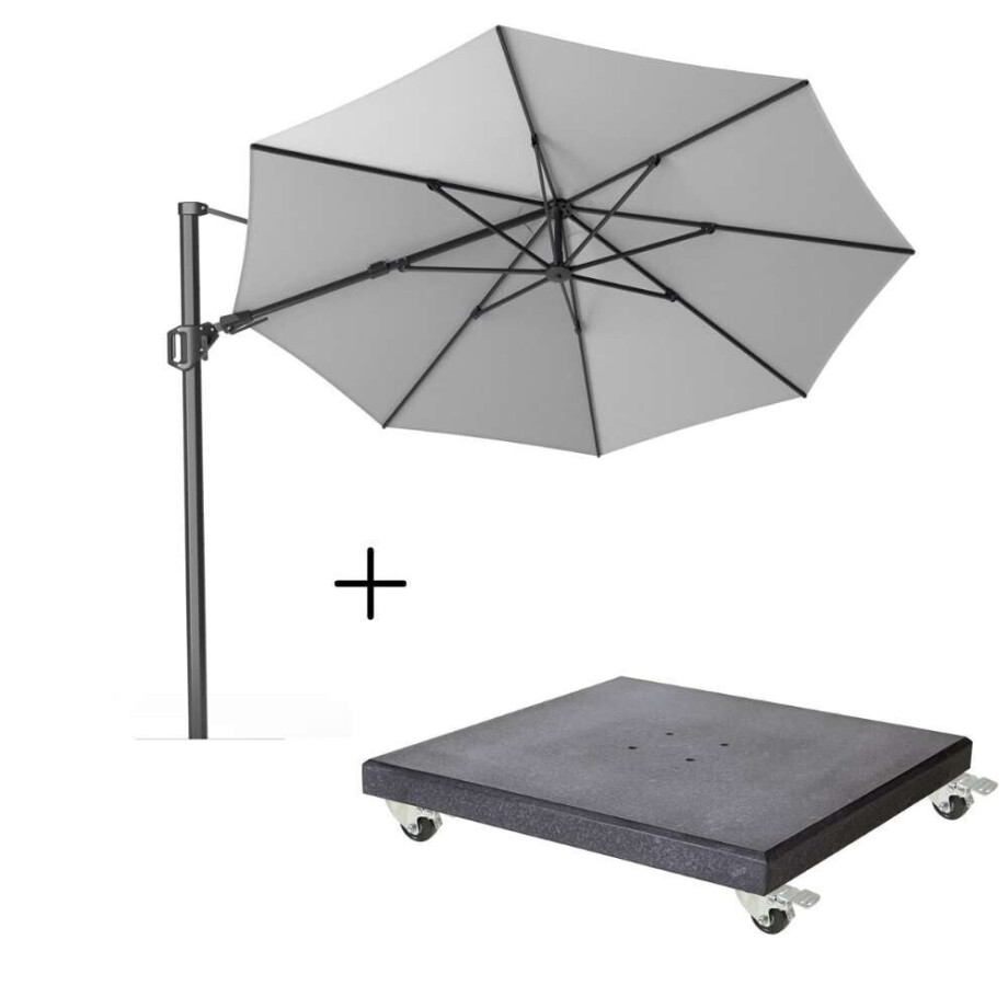 Challenger T² zweefparasol | Ø350cm rond met Modena parasolvoet 120kg | Light grey afbeelding 1