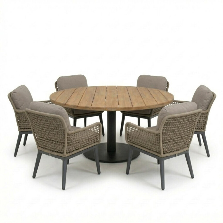 Salora antraciet/Mila beige/antraciet low dining tuinset | 6 personen | teakhout + touw | 150cm afbeelding 