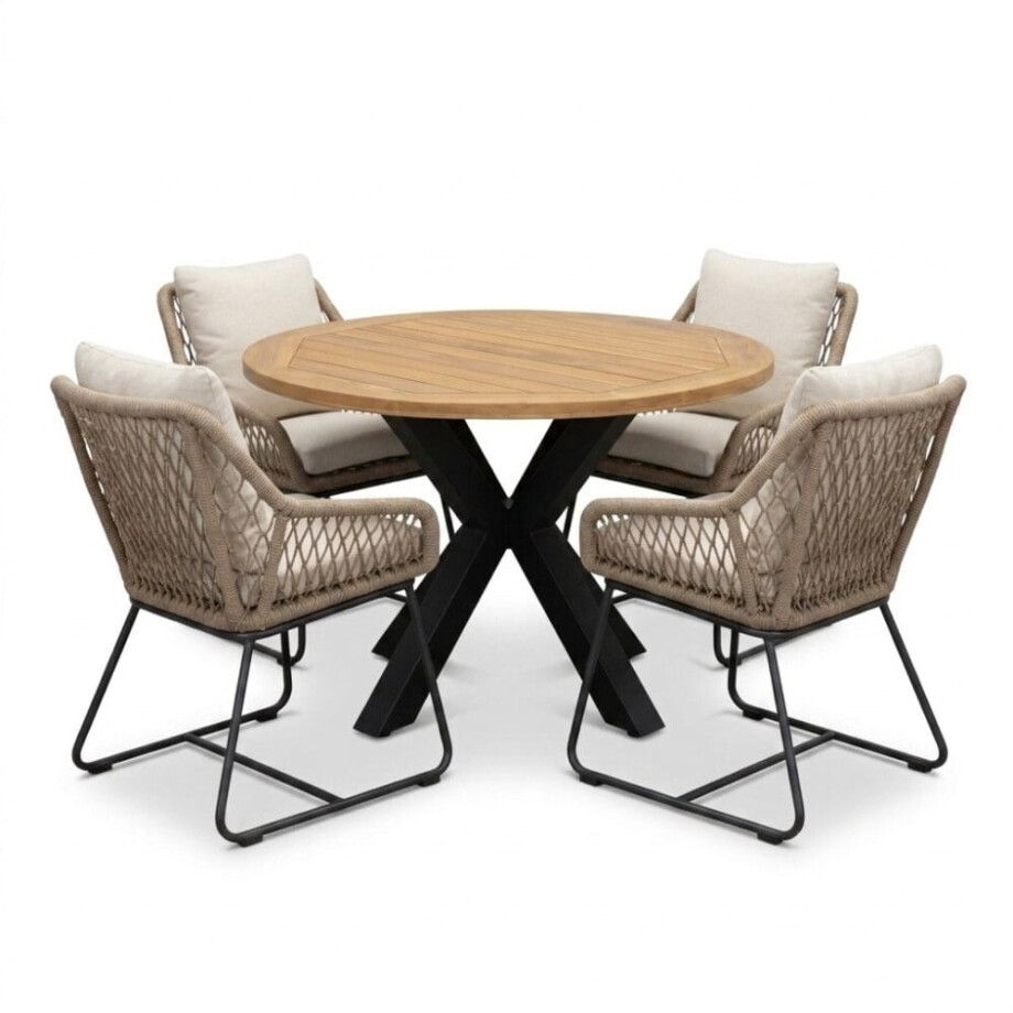 Cleve antraciet/Portofino Sahara Dust dining tuinset | 4 personen | teakhout + touw | 120cm rond afbeelding 1
