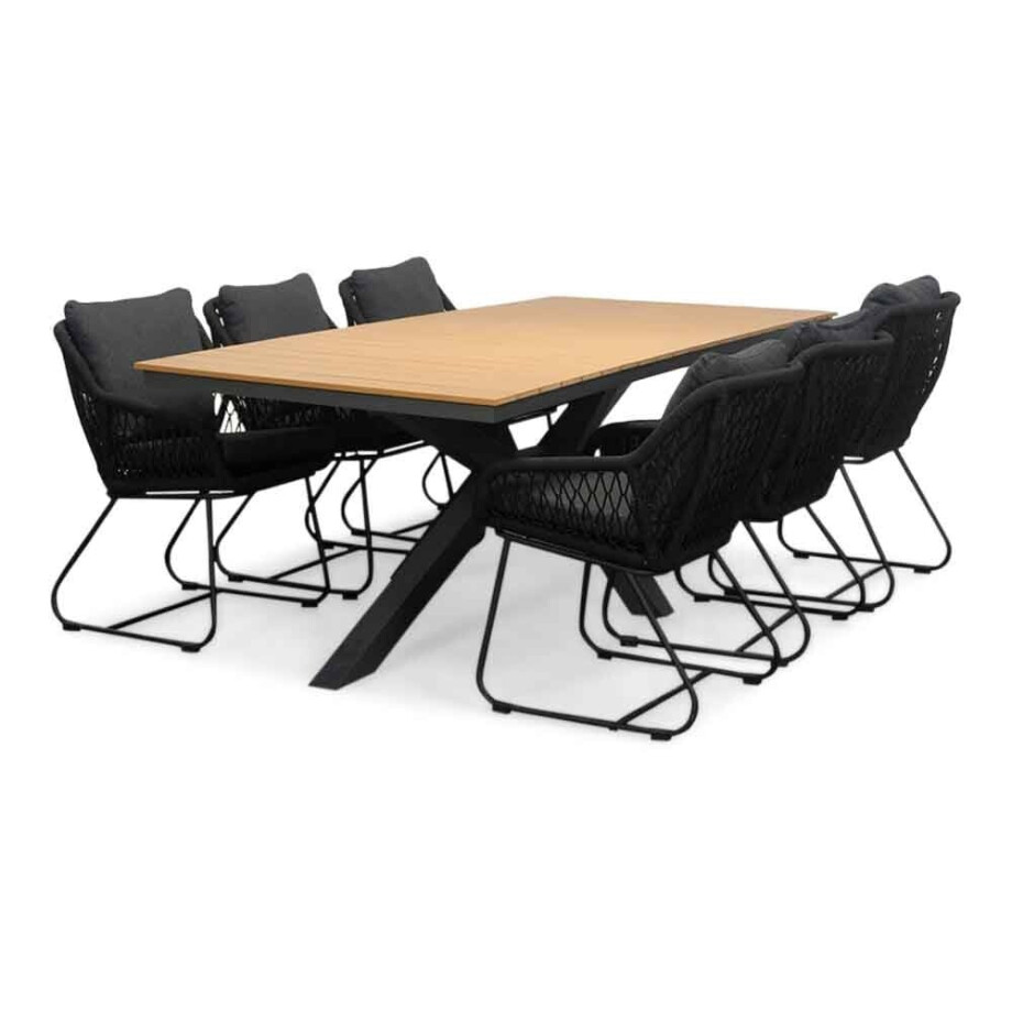 Durban/Portofino zwart dining tuinset | 6 personen | polywood + touw | 218cm afbeelding 1
