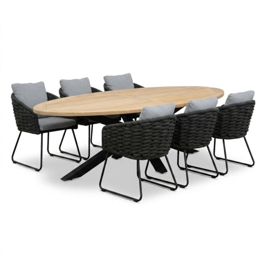 Cleve antraciet/Flora Stone Grey dining tuinset | 6 personen | teakhout + touw | 240cm ovaal afbeelding 1