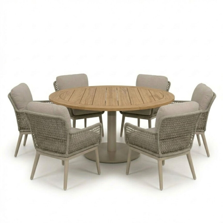 Ventura beige/Mila beige low dining tuinset | 6 personen | teakhout + touw | 160cm rond afbeelding 
