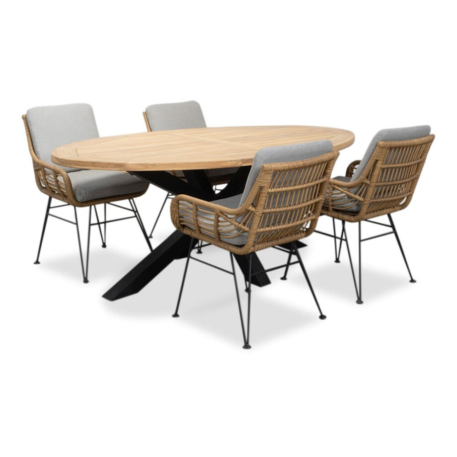 Cleve/Carlos taupe dining tuinset | 4 personen | teakhout + wicker | 200cm ovaal afbeelding 1