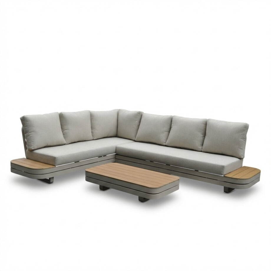 Serrento hoek loungeset links 6 personen incl. tafel | aluminium + polywood | beige | 4-delig Serrento hoek loungeset links 6 personen incl. tafel | aluminium + polywood | beige | 4-delig afbeelding 1