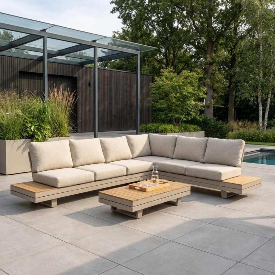 Vegas hoek loungeset-rechts 6 personen incl. tafel | aluminium + polywood | beige | 5-delig afbeelding 1