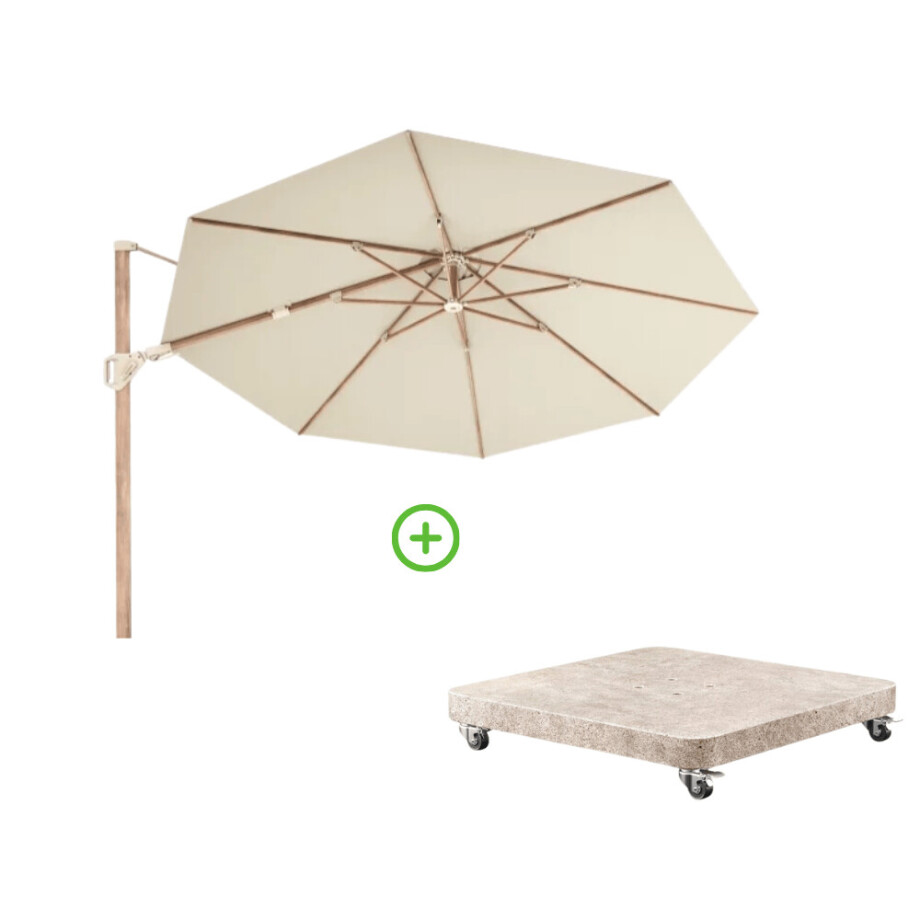 Challenger T² zweefparasol - premium doek | Ø350cm rond met Venezia rond parasolvoet 90kg | Champagne/Teak look Challenger T² zweefparasol - premium doek | Ø350cm rond met Venezia rond parasolvoet 90kg | Champagne/Teak look afbeelding 1