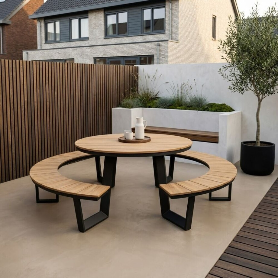 Auckland picknick dining tuinset | aluminium + polywood | Natural Wood/antraciet | 239cm rond afbeelding 1