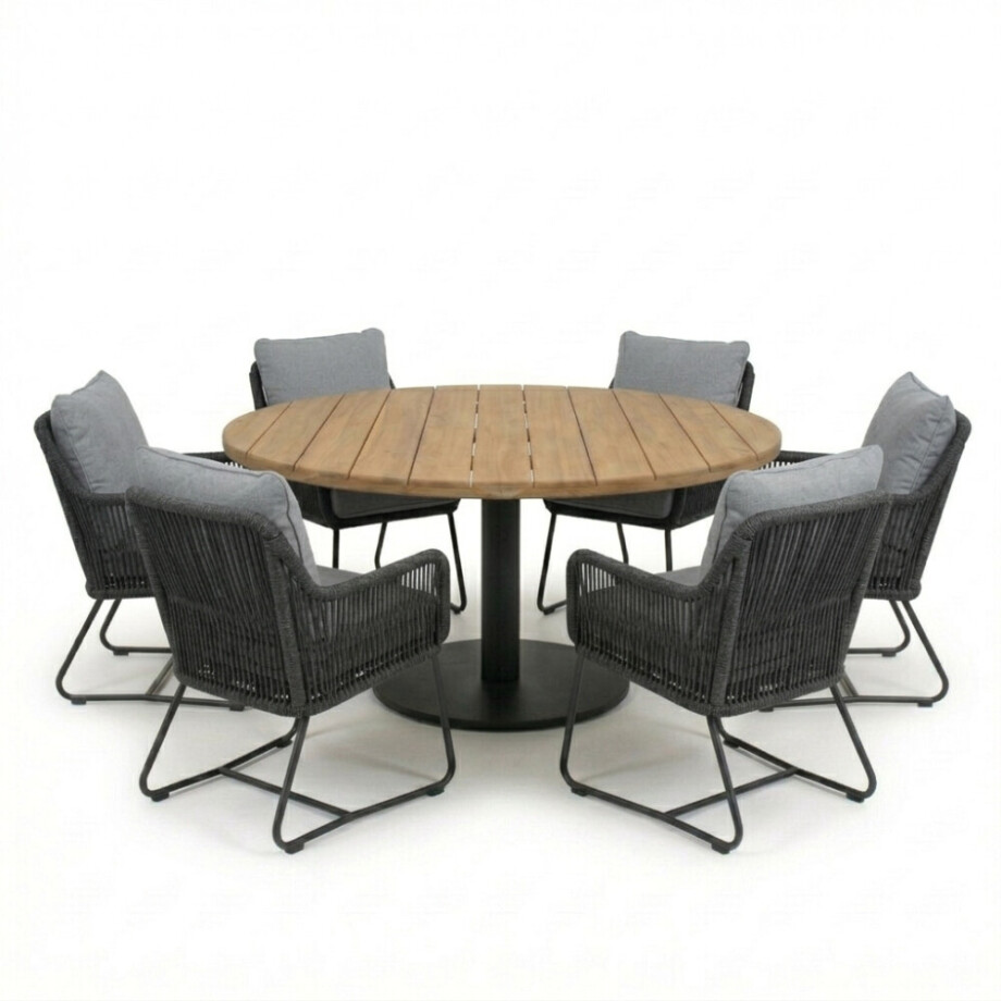 Salora antraciet/Mara Stone Grey low dining tuinset | 6 personen | teakhout + touw | 150cm afbeelding 
