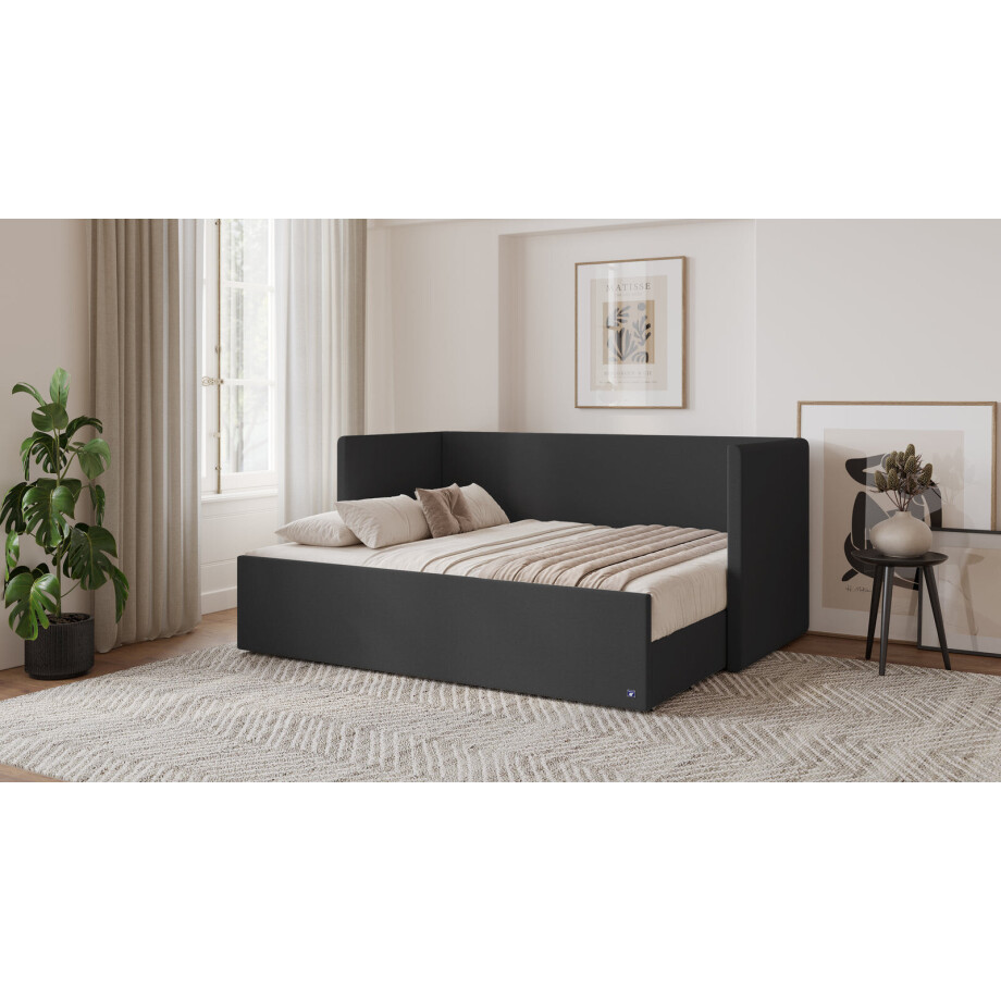 BRUNO logeerbed 160x200 in zwart / antraciet | Uitschuifbed incl. matras & lattenbodem afbeelding 1
