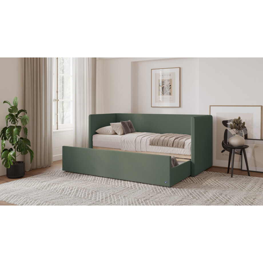 BRUNO logeerbed 80x200 in mosgroen | Uitschuifbed incl. matras & lattenbodem afbeelding 1