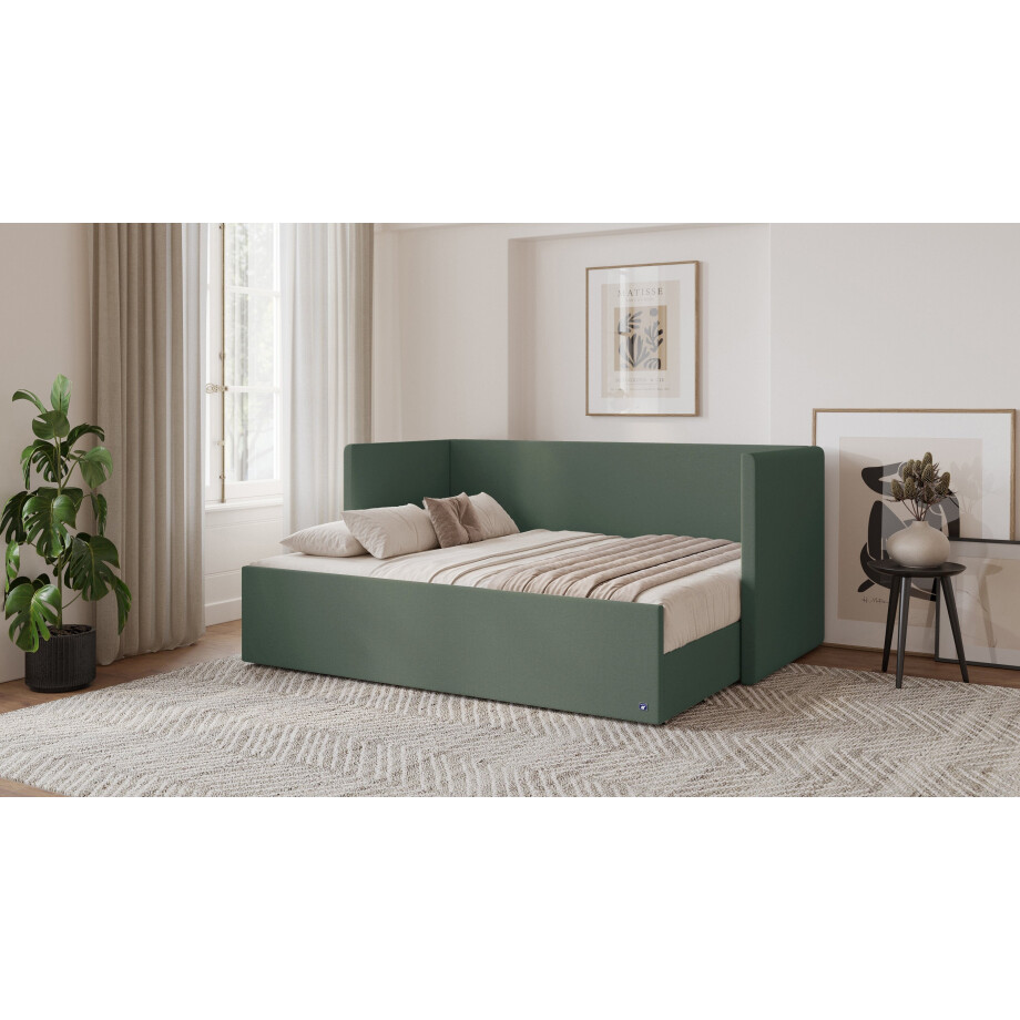 BRUNO logeerbed 160x200 in mosgroen | Uitschuifbed incl. matras en lattenbodem afbeelding 1