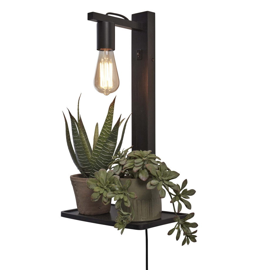GOOD&MOJO Wandlamp 'Flores' Met plankje, Bamboe, kleur Zwart afbeelding 1
