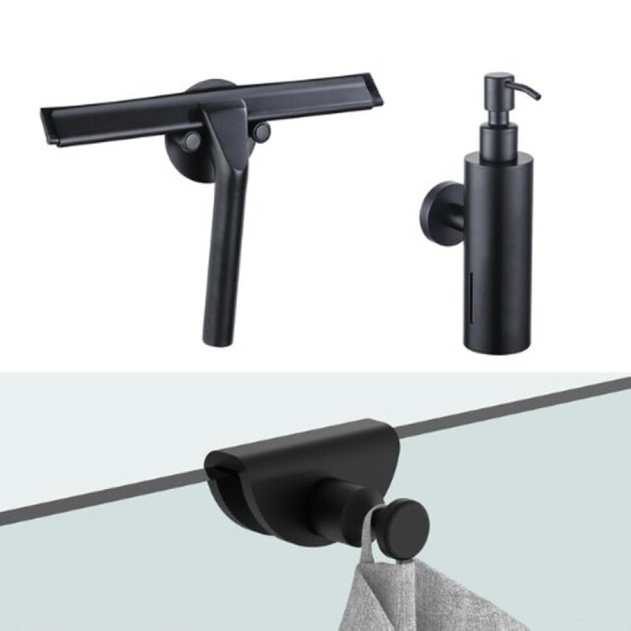 Fortifura accessoireset - glaswisser - zeepdispenser - handdoekhaak - mat zwart SW1211581/SW1111567/SW1152335 afbeelding 1