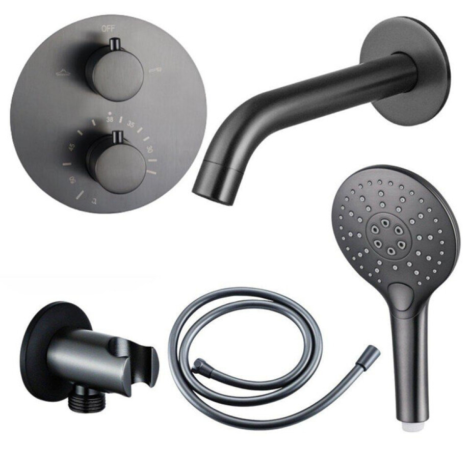 Fortifura Calvi Badkraan set - uitloop - 22cm inkortbaar - rond bedienigspaneel - gladde slang - ronde handdouche - inbouwdeel - wandhouder - geborsteld gunmetal PVD SW721165/SW766536/SW799451/SW1122514/SW1159495/SW1 afbeelding 1