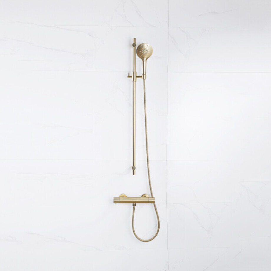 Fortifura Calvi douchekraan met glijstangset met ronde handdouche, metalen doucheslang Geborsteld Messing PVD (Goud) SW767490/SW799449/SW706206/SW720571 Fortifura Calvi douchekraan met glijstangset met ronde handdouche, metalen doucheslang Geborsteld Messing PVD (Goud) SW767490/SW799449/SW706206/SW720571 afbeelding 1