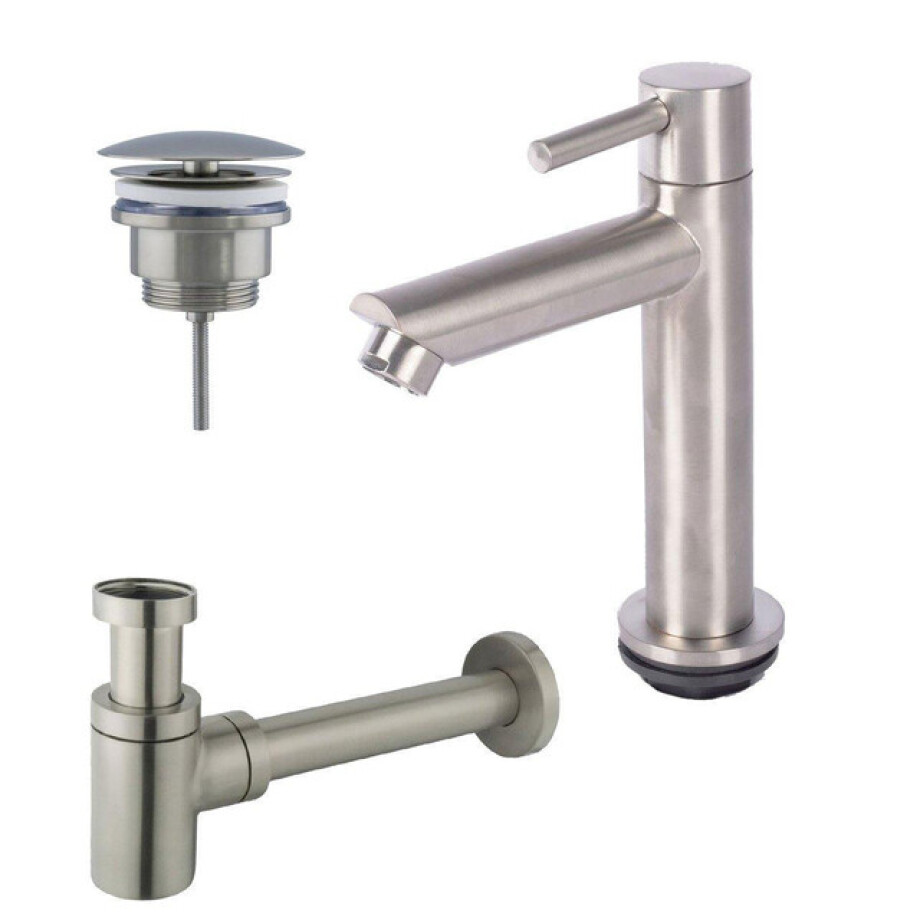 Fortifura Calvi fonteinkraanset met staande fonteinkraan laag, always open plug en design sifon Geborsteld RVS PVD (RVS) SW696237 / SW696207 / SW696217 afbeelding 1