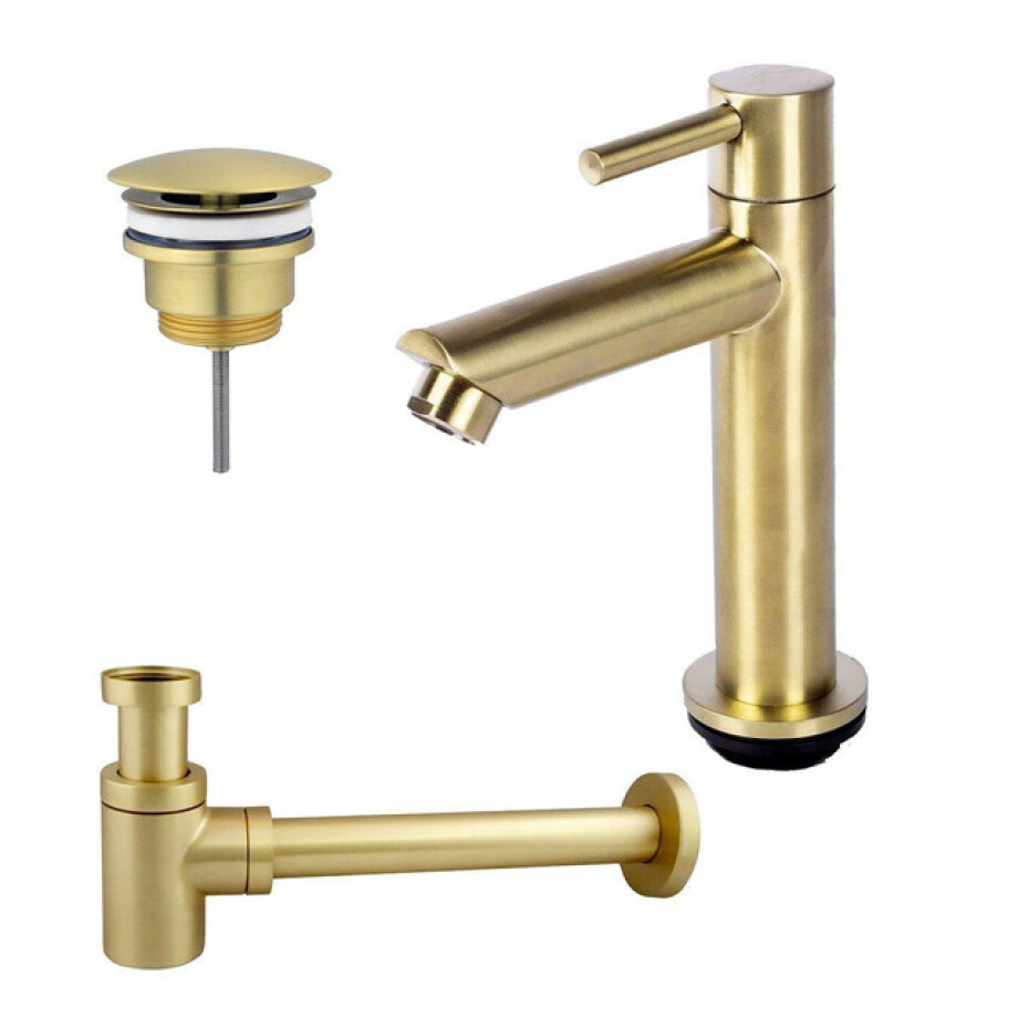 Fortifura Calvi fonteinkraanset met staande fonteinkraan laag, always open plug en design sifon Geborsteld Messing PVD (Goud) SW696238 / SW696208 / SW696218 Fortifura Calvi fonteinkraanset met staande fonteinkraan laag, always open plug en design sifon Geborsteld Messing PVD (Goud) SW696238 / SW696208 / SW696218 afbeelding 1