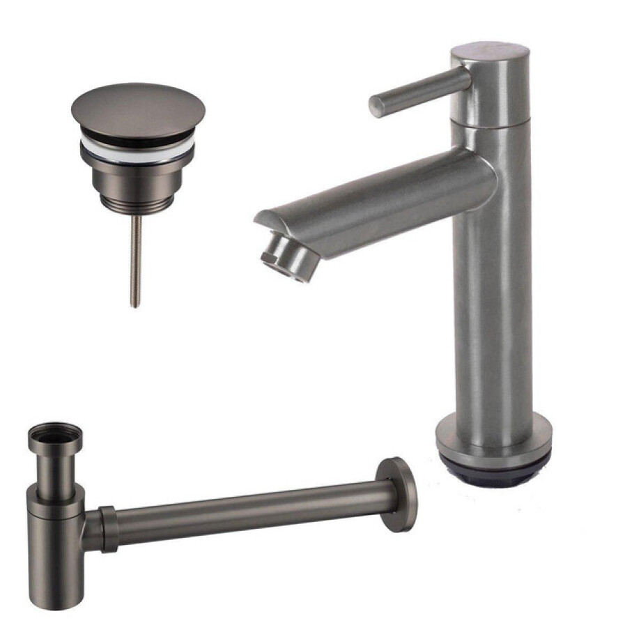 Fortifura Calvi fonteinkraanset met staande fonteinkraan laag, always open plug en design sifon PVD Geborsteld Geborsteld Gunmetal PVD SW696239 / SW769487 / SW767295 afbeelding 1
