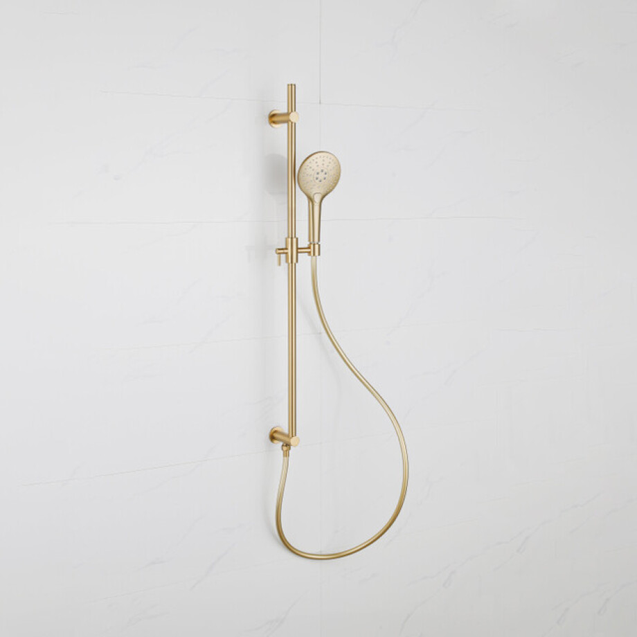 Fortifura Calvi Glijstangset - geïntegreerde wandaansluitbocht - doucheslang glad- ronde handdouche - Geborsteld Messing PVD (Goud) SW1111531/SW728176//SW799449 afbeelding 1