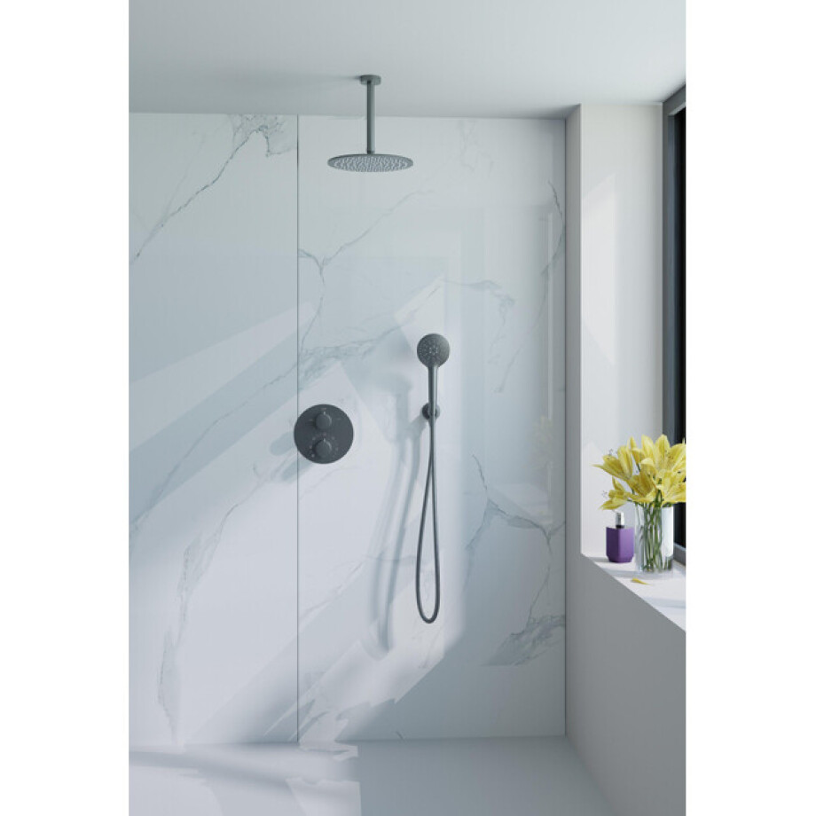 Fortifura Calvi Inbouw Regendoucheset - rond - thermostatisch - plafondarm - 25cm hoofddouche - ronde handdouche - Geborsteld Gunmetal PVD SW706206/SW720555/SW799449/SW720557/SW720569/SW799 afbeelding 1