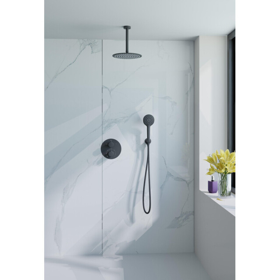 Fortifura Calvi Inbouw Regendoucheset - rond - thermostatisch - plafondarm - 25cm hoofddouche - ronde handdouche - mat zwart SW706203/SW720553/SW496816/SW377853/SW542644/SW721 Fortifura Calvi Inbouw Regendoucheset - rond - thermostatisch - plafondarm - 25cm hoofddouche - ronde handdouche - mat zwart SW706203/SW720553/SW496816/SW377853/SW542644/SW721 afbeelding 1