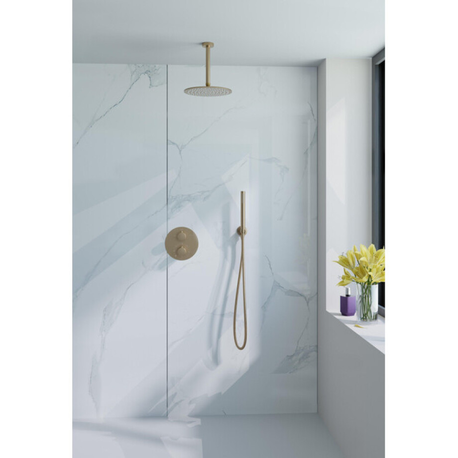Fortifura Calvi Inbouw Regendoucheset - rond - thermostatisch - plafondarm - 25cm hoofddouche - staaf handdouche - Geborsteld Messing PVD (Goud) SW706206/SW720555/SW720557/SW720569/SW720570/SW721 afbeelding 1