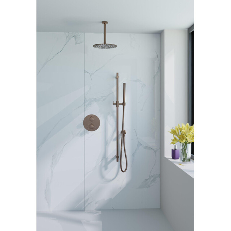 Fortifura Calvi Inbouw Regendoucheset - rond - thermostatisch - plafondarm - glijstang - 25cm hoofddouche - staaf handdouche - Geborsteld koper PVD (Koper) SW970053/SW1183048/SW970041/SW970042/SW970045/SW97 afbeelding 1