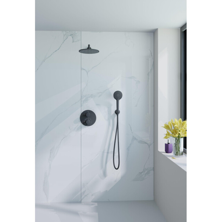 Fortifura Calvi Inbouw Regendoucheset - rond - thermostatisch - wandarm - 25cm hoofddouche - ronde handdouche - gladde slang - mat zwart SW706210/SW720553/SW720560/SW542644/SW721167/SW496 Fortifura Calvi Inbouw Regendoucheset - rond - thermostatisch - wandarm - 25cm hoofddouche - ronde handdouche - gladde slang - mat zwart SW706210/SW720553/SW720560/SW542644/SW721167/SW496 afbeelding 1