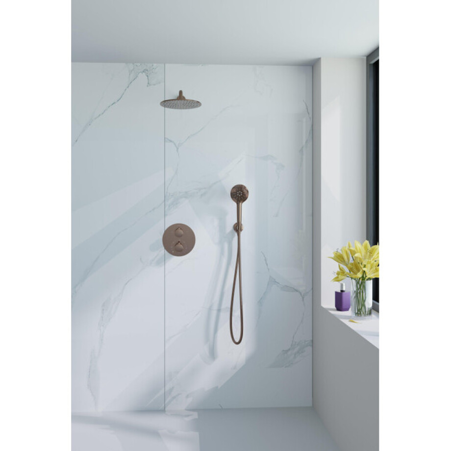 Fortifura Calvi Inbouw Regendoucheset - rond - thermostatisch - wandarm - 25cm hoofddouche - ronde handdouche - gladde slang - Geborsteld koper PVD (Koper) SW799407/SW970041/SW970043/SW970045/SW970047/SW970 Fortifura Calvi Inbouw Regendoucheset - rond - thermostatisch - wandarm - 25cm hoofddouche - ronde handdouche - gladde slang - Geborsteld koper PVD (Koper) SW799407/SW970041/SW970043/SW970045/SW970047/SW970 afbeelding 1