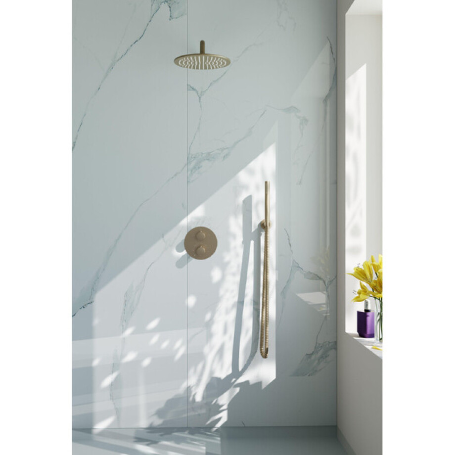 Fortifura Calvi Inbouw Regendoucheset - rond - thermostatisch - wandarm - 25cm hoofddouche - staaf handdouche - Geborsteld Messing PVD (Goud) SW706206/SW720555/SW720562/SW720569/SW720570/SW721 afbeelding 1