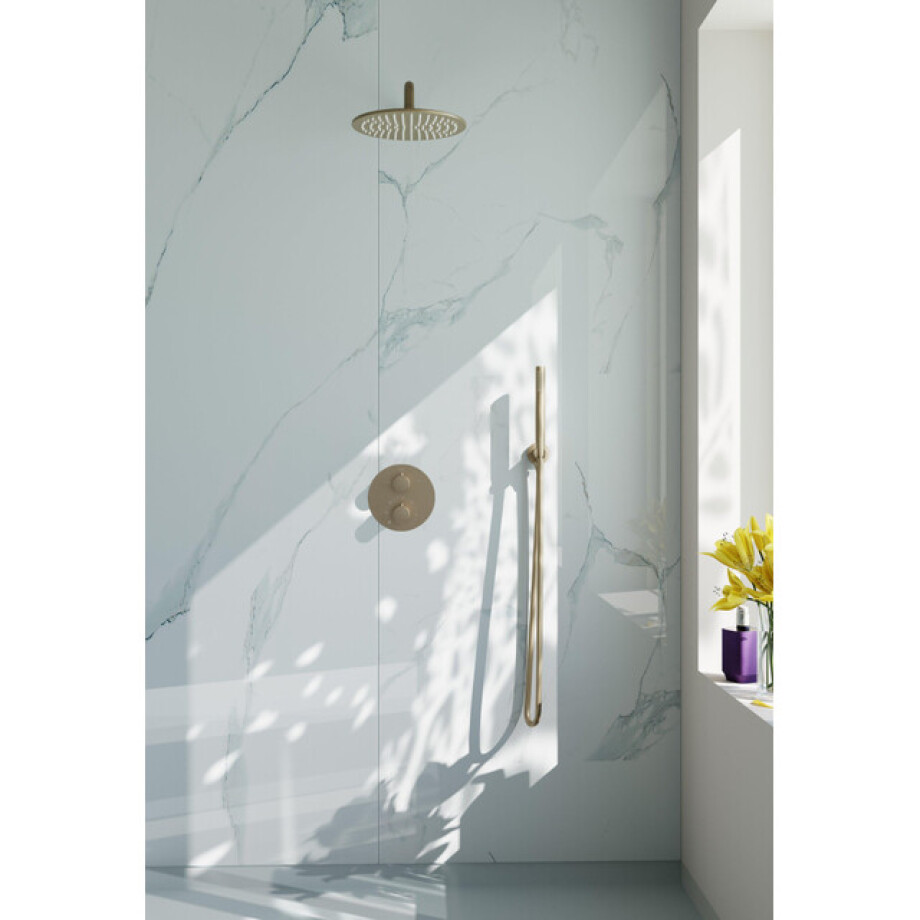 Fortifura Calvi Inbouw Regendoucheset - rond - thermostatisch - wandarm - 25cm hoofddouche - staaf handdouche - gladde slang - Geborsteld Messing PVD (Goud) SW728176/SW720555/SW720562/SW720569/SW720570/SW721 afbeelding 1