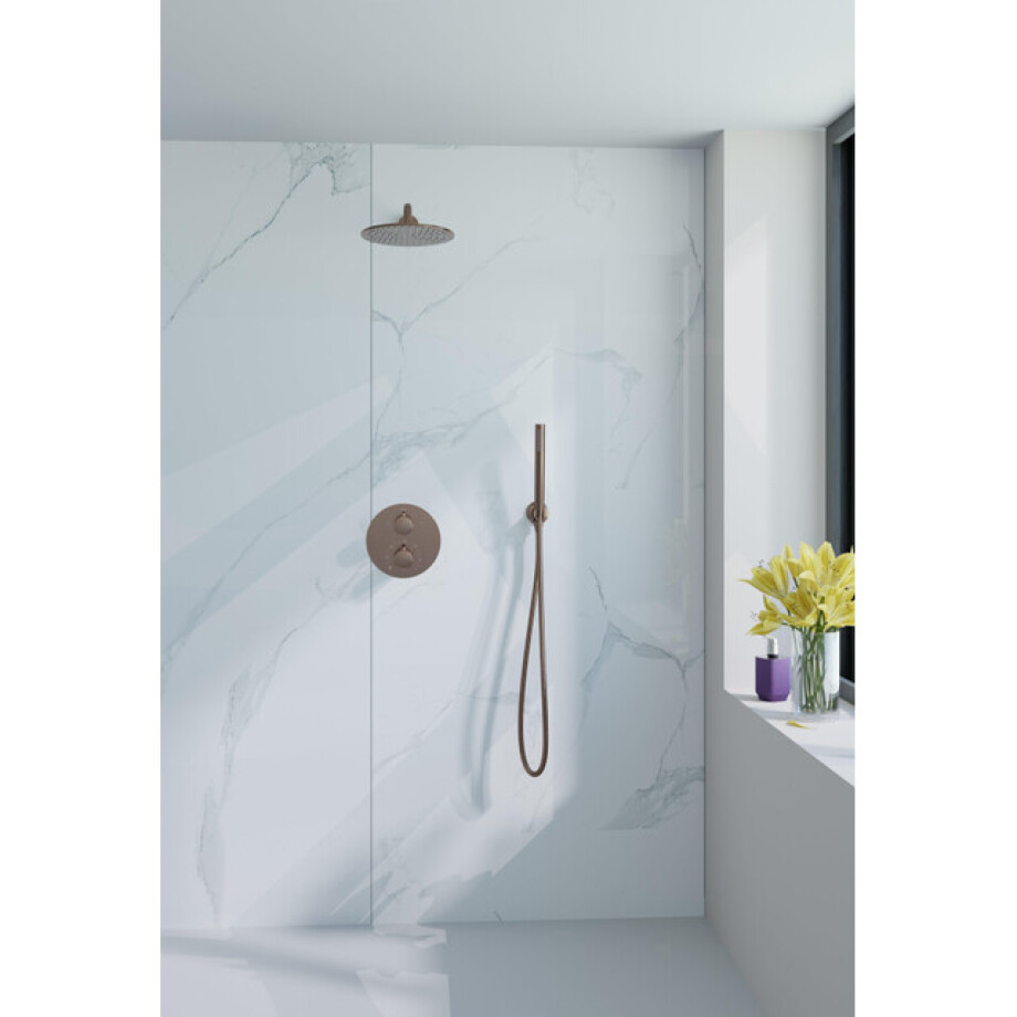 Fortifura Calvi inbouw Regendoucheset - rond - thermostatisch - wandarm - 25cm hoofddouche - staaf handdouche - gladde slang - Geborsteld koper PVD (Koper) SW799407/SW970041/SW970043/SW970045/SW970046/SW115 Fortifura Calvi inbouw Regendoucheset - rond - thermostatisch - wandarm - 25cm hoofddouche - staaf handdouche - gladde slang - Geborsteld koper PVD (Koper) SW799407/SW970041/SW970043/SW970045/SW970046/SW115 afbeelding 1