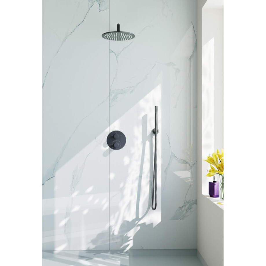 Fortifura Calvi Inbouw Regendoucheset - rond - thermostatisch - wandarm - 25cm hoofddouche - staaf handdouche - gladde doucheslang - Geborsteld Gunmetal PVD SW720556/SW720563/SW721165/SW721170/SW766536/SW766 afbeelding 1