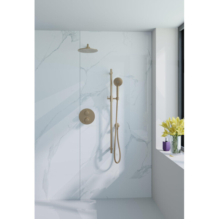 Fortifura Calvi Inbouw Regendoucheset - rond - thermostatisch - wandarm - glijstang - 25cm hoofddouche - ronde handdouche - Geborsteld Messing PVD (Goud) SW706206/SW720555/SW720562/SW1183046/SW721169/SW76 afbeelding 1