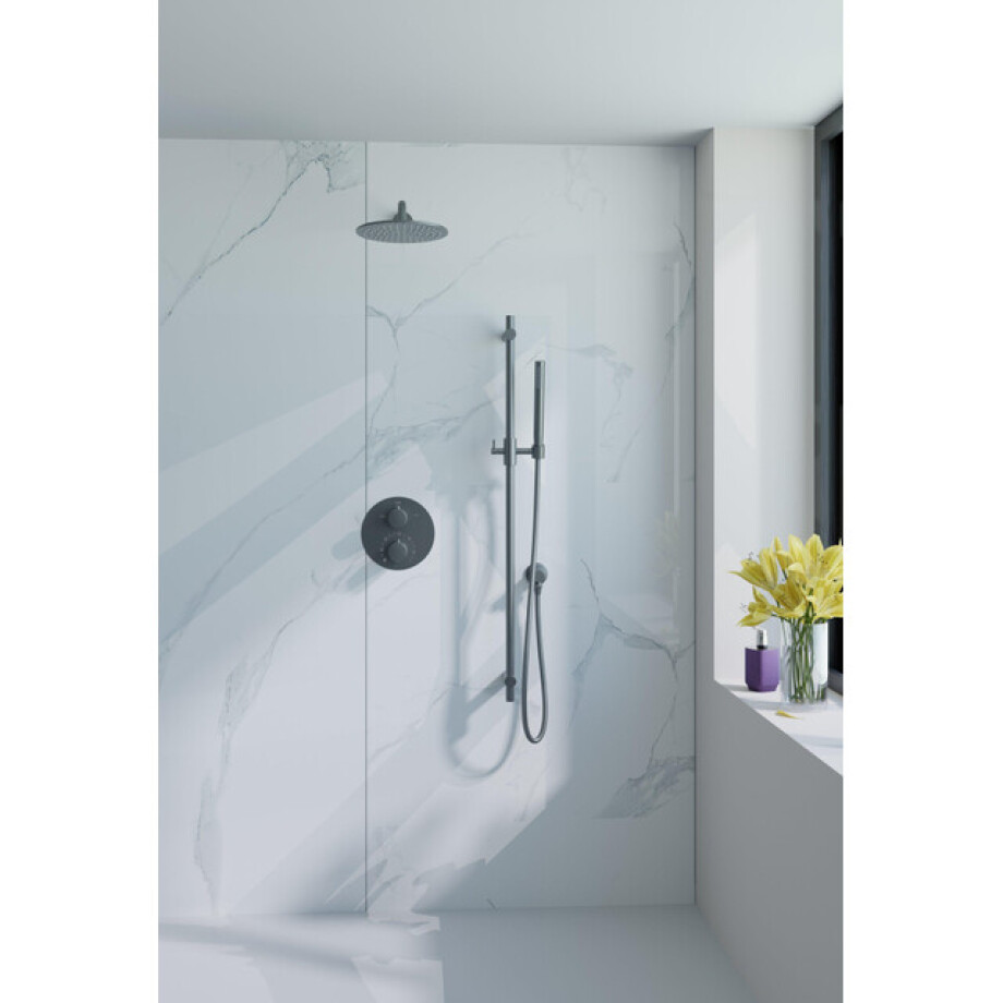Fortifura Calvi Inbouw Regendoucheset - rond - thermostatisch - wandarm - glijstang - 25cm hoofddouche - staaf handdouche - gladde doucheslang - Geborsteld Gunmetal PVD SW720563/SW720556/SW1159495/SW721165/SW767491/SW11 afbeelding 1