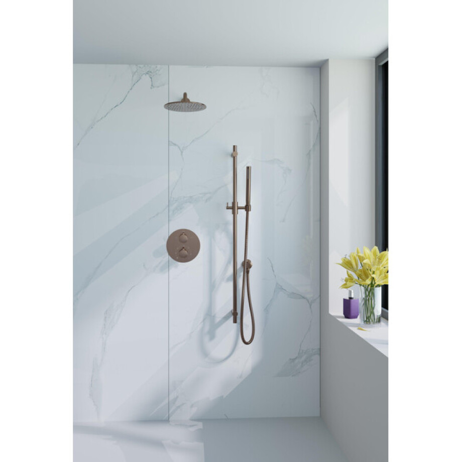 Fortifura Calvi Inbouw Regendoucheset - rond - thermostatisch - wandarm - glijstang - 25cm hoofddouche - staaf handdouche - gladde slang - Geborsteld koper PVD (Koper) SW799407/SW970041/SW970043/SW1183048/SW970046/SW97 Fortifura Calvi Inbouw Regendoucheset - rond - thermostatisch - wandarm - glijstang - 25cm hoofddouche - staaf handdouche - gladde slang - Geborsteld koper PVD (Koper) SW799407/SW970041/SW970043/SW1183048/SW970046/SW97 afbeelding 1