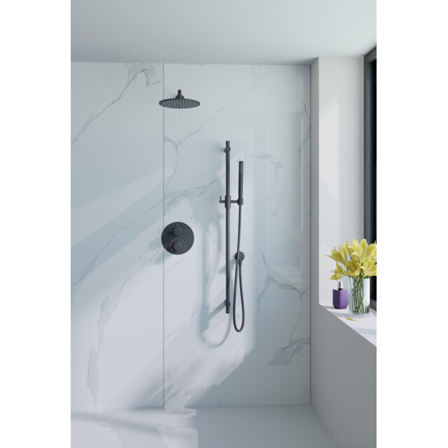 Fortifura Calvi Inbouw Regendoucheset - rond - thermostatisch - wandarm - glijstang - 25cm hoofddouche - staaf handdouche - gladde doucheslang - mat zwart SW496811/SW1183044/SW706210/SW720553/SW720560/SW72 Fortifura Calvi Inbouw Regendoucheset - rond - thermostatisch - wandarm - glijstang - 25cm hoofddouche - staaf handdouche - gladde doucheslang - mat zwart SW496811/SW1183044/SW706210/SW720553/SW720560/SW72 afbeelding 1