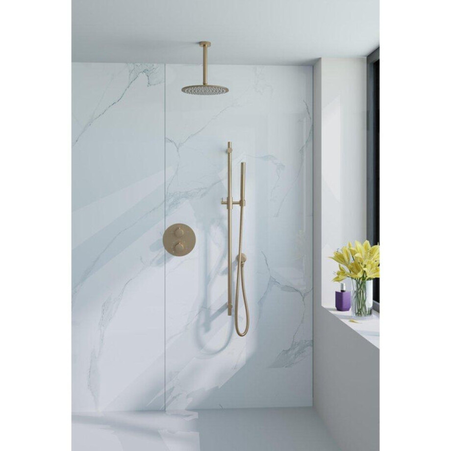 Fortifura Calvi Inbouw Regendoucheset - rond - thermostatisch - wandarm - glijstang - 25cm hoofddouche - staaf handdouche - gladde slang - Geborsteld Messing PVD (Goud) SW728176/SW720555/SW720562/SW1183046/SW720570/SW72 afbeelding 1