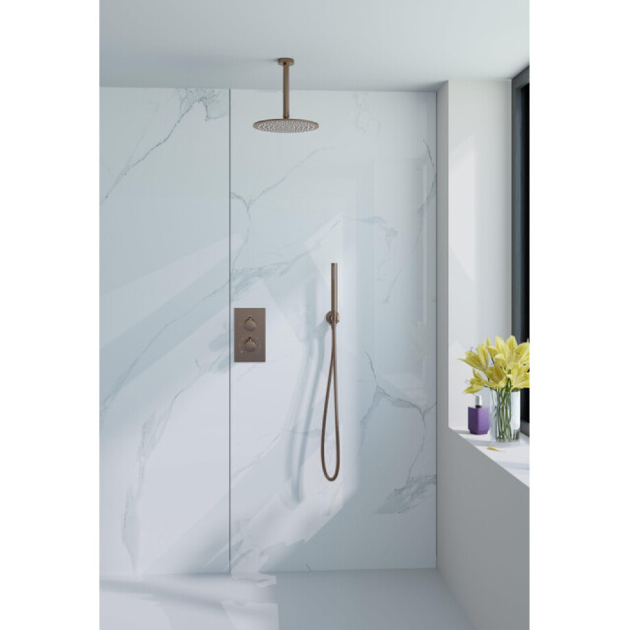 Fortifura Calvi Inbouw Regendoucheset - thermostatisch - plafondarm - 25cm hoofddouche - staaf handdouche - metalen doucheslang - geborsteld koper PVD SW970038 / SW970041 / SW970042 / SW970045 / SW9700 Fortifura Calvi Inbouw Regendoucheset - thermostatisch - plafondarm - 25cm hoofddouche - staaf handdouche - metalen doucheslang - geborsteld koper PVD SW970038 / SW970041 / SW970042 / SW970045 / SW9700 afbeelding 1