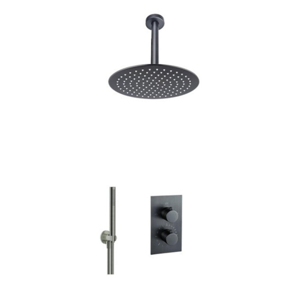 Fortifura Calvi Inbouw Regendoucheset - thermostatisch - plafondarm - 25cm hoofddouche - staaf handdouche - gladde doucheslang - geborsteld Gunmetal PVD SW720556/SW720558/SW721165/SW721170/SW766536/SW766 afbeelding 1