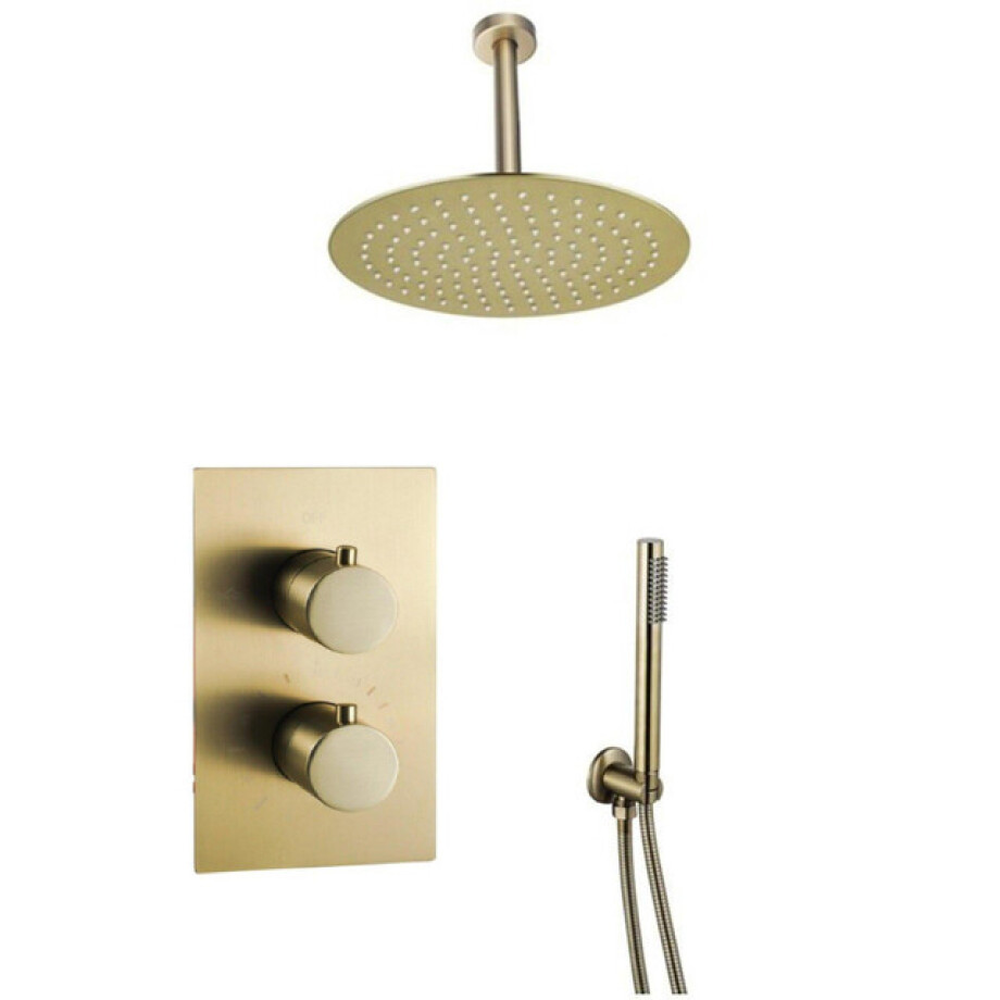 Fortifura Calvi Inbouw Regendoucheset - thermostatisch - plafondarm - 25cm hoofddouche - staaf handdouche - metalen doucheslang - geborsteld Messing PVD (Goud) SW706206/SW720555/SW720557/SW720569/SW720570/SW115 afbeelding 1