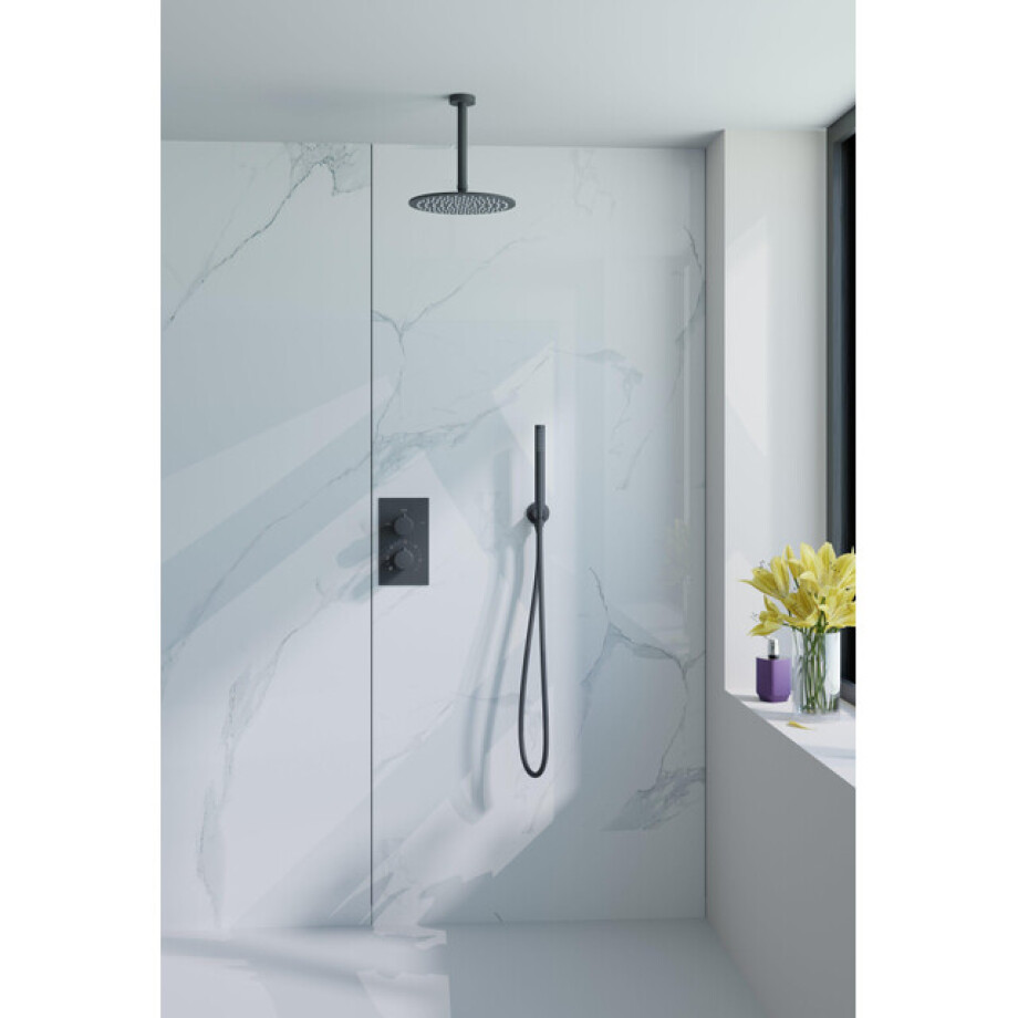 Fortifura Calvi Inbouw Regendoucheset - thermostatisch - plafondarm - 30cm hoofddouche - staaf handdouche - metalen doucheslang - geborsteld Gunmetal PVD SW1139123/SW720558/SW706207/SW721170/SW766536/SW76 afbeelding 1