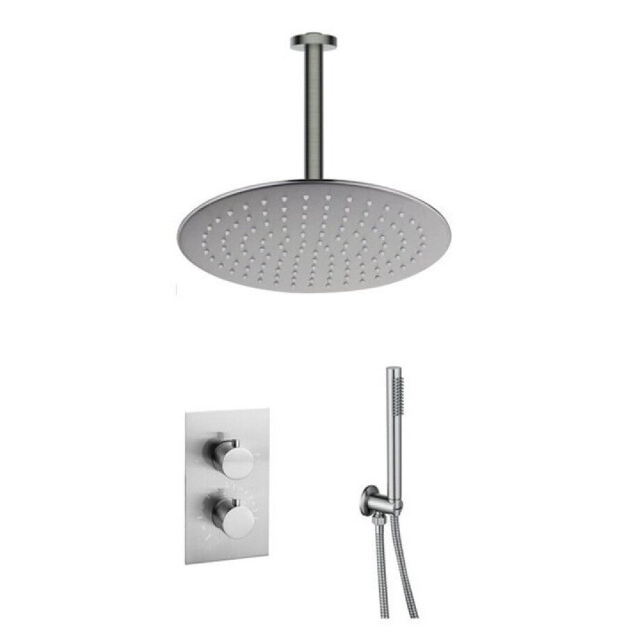 Fortifura Calvi Inbouw Regendoucheset - thermostatisch - plafondarm - 30cm hoofddouche - staaf handdouche - metalen doucheslang - geborsteld RVS PVD SW1159493 SW377868 SW542645 SW1139121 SW728177 SW4 afbeelding 1